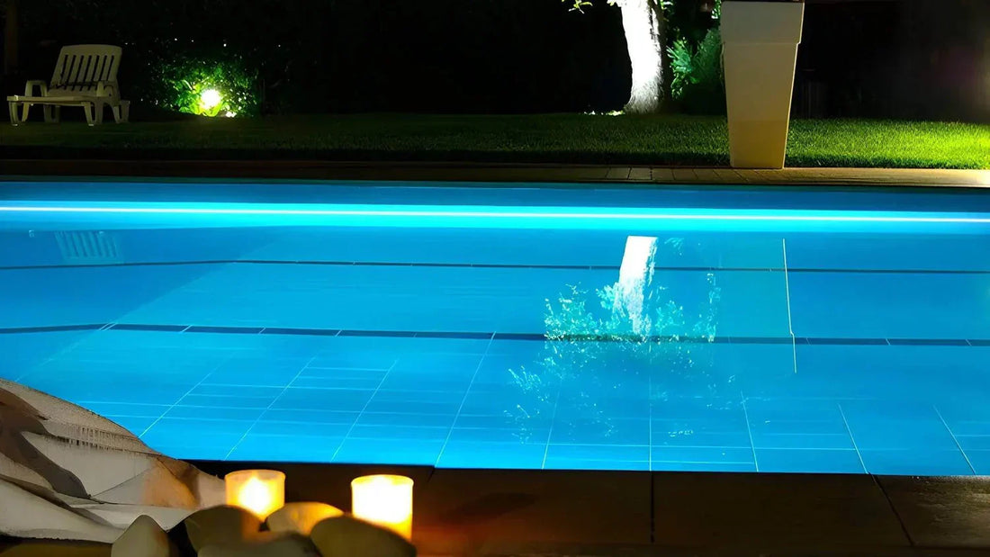 Pool with PaneraLux pool led strip lights in backyard