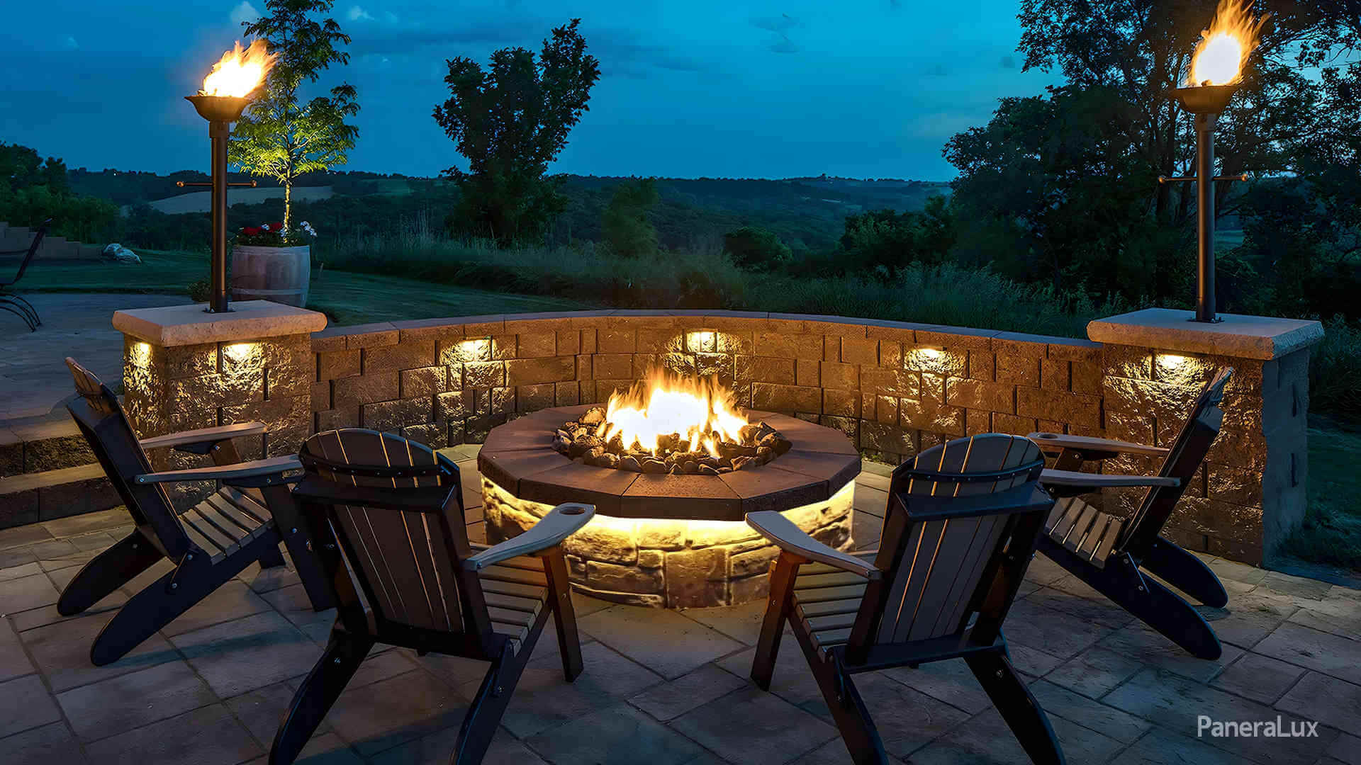 led light strip under firepit in backyard